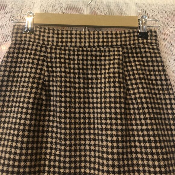 Wool blend Houndstooth Mini Skirt Brown Tan A-Line Preppy Small side zip - Picture 5 of 6